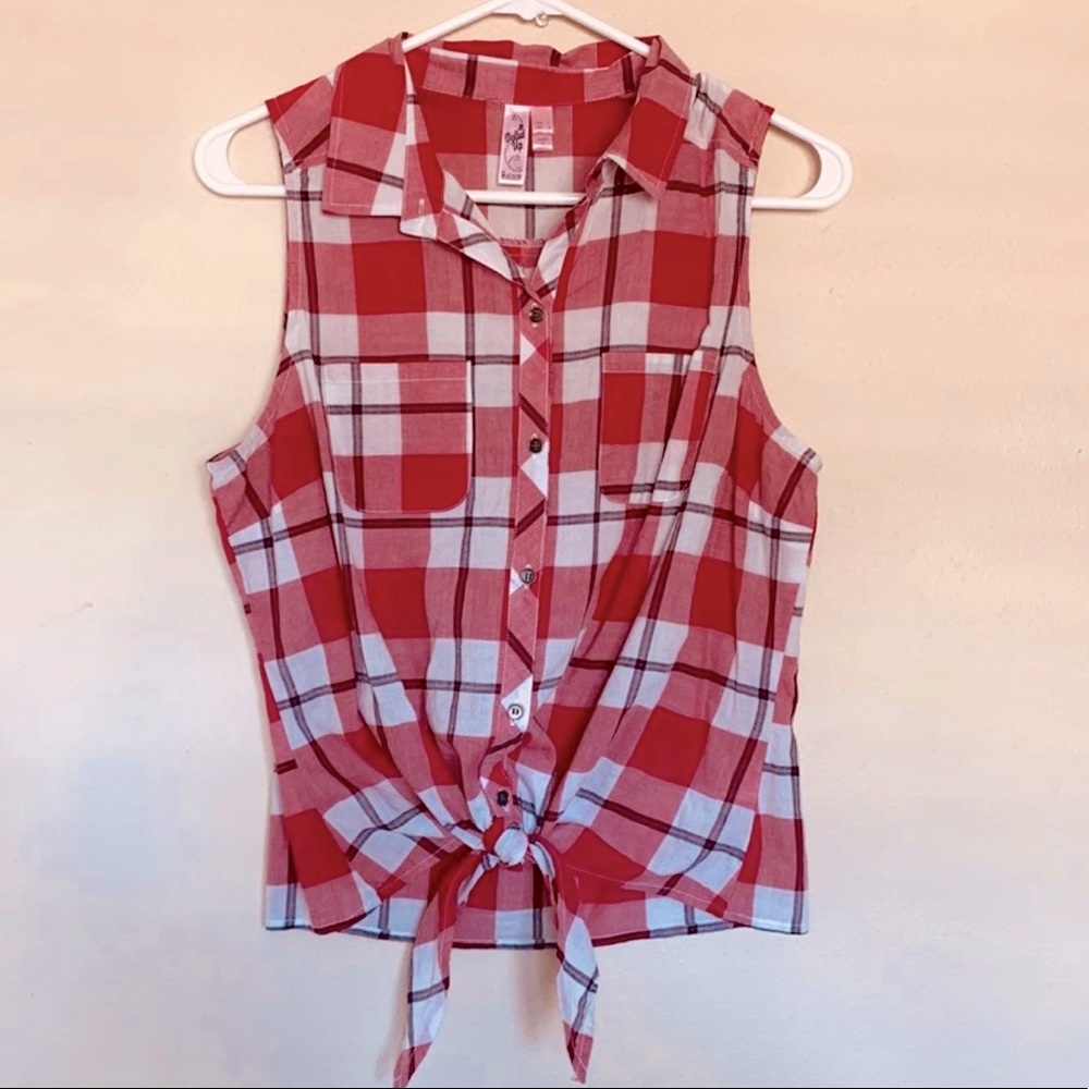 Red Plaid Button Down Sleeveless Shirt